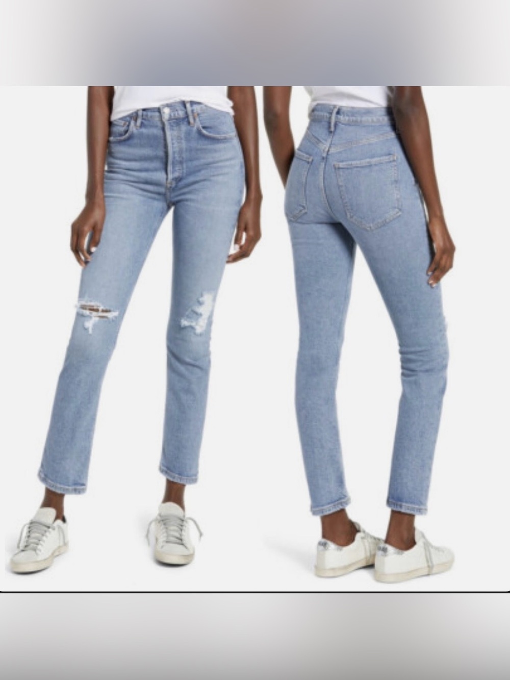 Agolde Light Wash High-Rise Cropped Jeans with Knee Distress